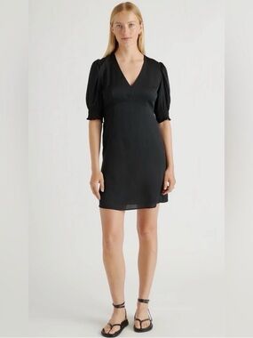 QUINCE Black V-Neck Puff Sleeve Mini Dress